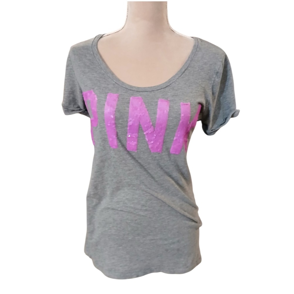 Victorias Secret Gray Sequin Logo Short Sleeve Scoop Neck Tee Shirt Y2k M